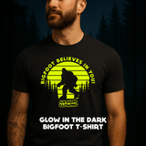 Glow in the dark Bigfoot t-shirt for campers and outdoor fans by Just Keep Glowing