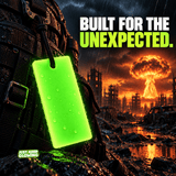 Waterproof green Forever Glow Bar attached to a survival backpack in a fictional post-disaster city scene, illustrating reusable glow gear for emergency preparedness and survival kits.