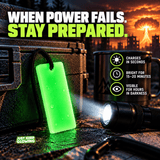 Green Forever Glow Bar beside a flashlight in a fictional nuclear emergency scene, with product information explaining charging in seconds, brighter glow for 15 to 20 minutes, and softer visibility for hours in darkness.