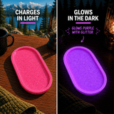 Pink glitter glow in the dark tray charging in light and glowing purple at night handmade organizer tray