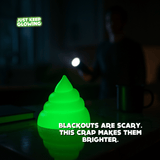 Glow in the dark poop emergency light on counter during power outage, recharges with any bright light.