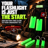 Reusable glow bars, glow sticks, and keychain tags displayed beside a flashlight and emergency backpack, illustrating supplemental battery free gear markers for power outages and survival kits.