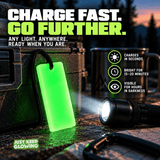 Green Forever Glow Bar beside a flashlight showing how the Travel Ready Glow Kit charges in seconds, glows brightly for approximately 15 to 20 minutes, and remains softly visible for hours in darkness.