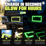 How to charge a reusable glow in the dark license plate frame using sunlight or a flashlight, showing bright initial glow and softer visibility afterward.