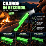 Forever Glow Stick being charged with a flashlight at a campsite, with examples of brighter glow for 15 to 20 minutes and softer visibility for hours in true darkness.