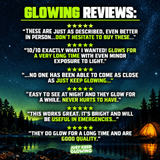 Customer review graphic featuring six five star testimonials about Just Keep Glowing products, highlighting reusable glow performance, product quality, and usefulness for emergency supplies.