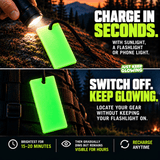Forever Glow Bar charged with a flashlight and attached to a backpack, showing the emergency glow kit's brighter initial glow for 15 to 20 minutes and softer visibility for hours in darkness.