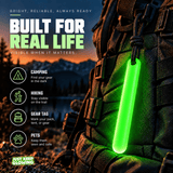 Green Forever Glow Stick hanging from a hiking backpack at sunset, with camping, hiking, gear marking, and pet related outdoor uses illustrated.