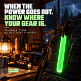 Forever Glow Stick attached to an emergency backpack inside a cabin during a storm, showing reusable battery free glow gear for power outages and emergency supplies.
