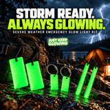 Severe Weather Emergency Glow Kit displaying two reusable glow bars, two glow sticks, and two glow tags at a stormy campsite with lightning, illustrating battery free glow gear for emergency preparedness.