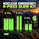 Six-piece reusable emergency glow kit showing two Forever Glow Bars, two Forever Glow Sticks, and two Forever Glow Tags, with product dimensions, black paracord, stainless steel cable loops, and honeycomb back texture.