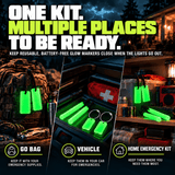 Three panel graphic showing reusable glow markers stored with a bug out bag, vehicle emergency kit, and home storm supplies, illustrating multiple ways to prepare for hurricanes and power outages.