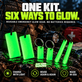 Six piece emergency glow kit featuring two Forever Glow Bars, two Forever Glow Sticks, and two Forever Glow Tags with black paracord and stainless steel cable loops, displayed with emergency supplies.
