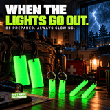 Six reusable green glow markers arranged with emergency supplies inside a cabin during a thunderstorm, demonstrating how to mark backpacks and equipment during a power outage.