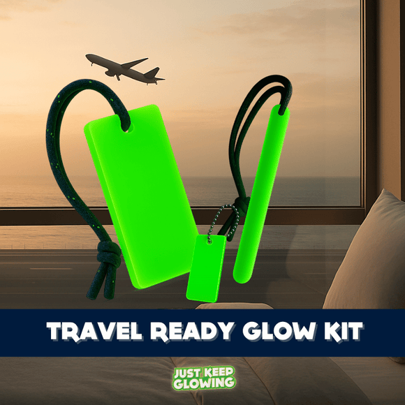 Travel Ready Glow Kit with glow bar, glow stick, and glow tag with airplane view – rechargeable glow in the dark travel light set.