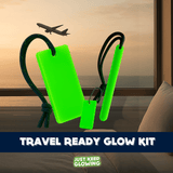 Travel Ready Glow Kit with glow bar, glow stick, and glow tag with airplane view – rechargeable glow in the dark travel light set.