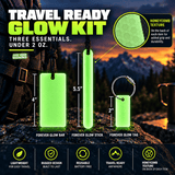 Travel Ready Glow Kit showing one Forever Glow Bar, one Forever Glow Stick, and one Forever Glow Tag with stainless steel cable loop, including product dimensions and lightweight design under two ounces.