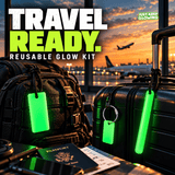 Travel Ready Glow Kit featuring a green glow bar, glow stick, and glow tag attached to airport luggage and a backpack, showing reusable travel accessories for finding belongings after dark.