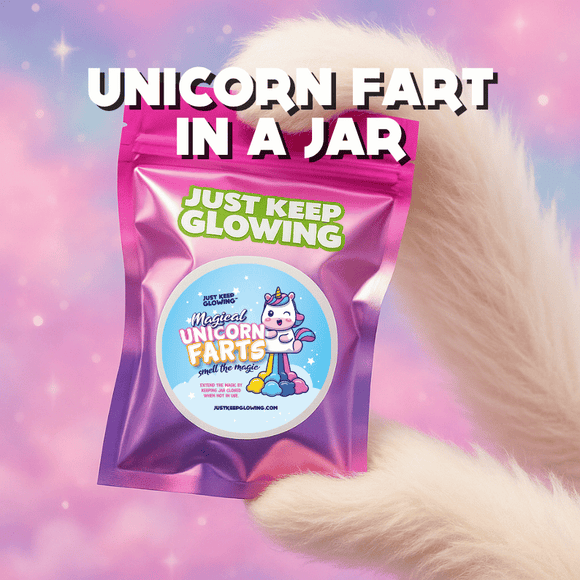 Cute unicorn holding Magical Unicorn Farts jar – funny gag gift, perfect for stocking stuffers and birthdays.