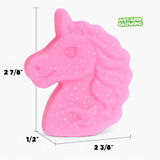 Size guide for glow unicorn — small 2.875-inch tall, 2.375-inch wide, 0.5-inch deep kids comfort toy