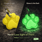 Yellow glow in the dark dog tag that glows green at night for maximum visibility, rechargeable pet safety collar tag